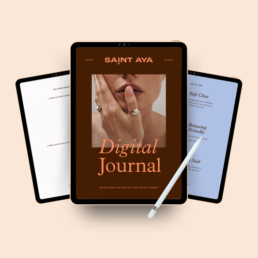Digital Journal app interface with 'Saint Aya' branding on a beige background